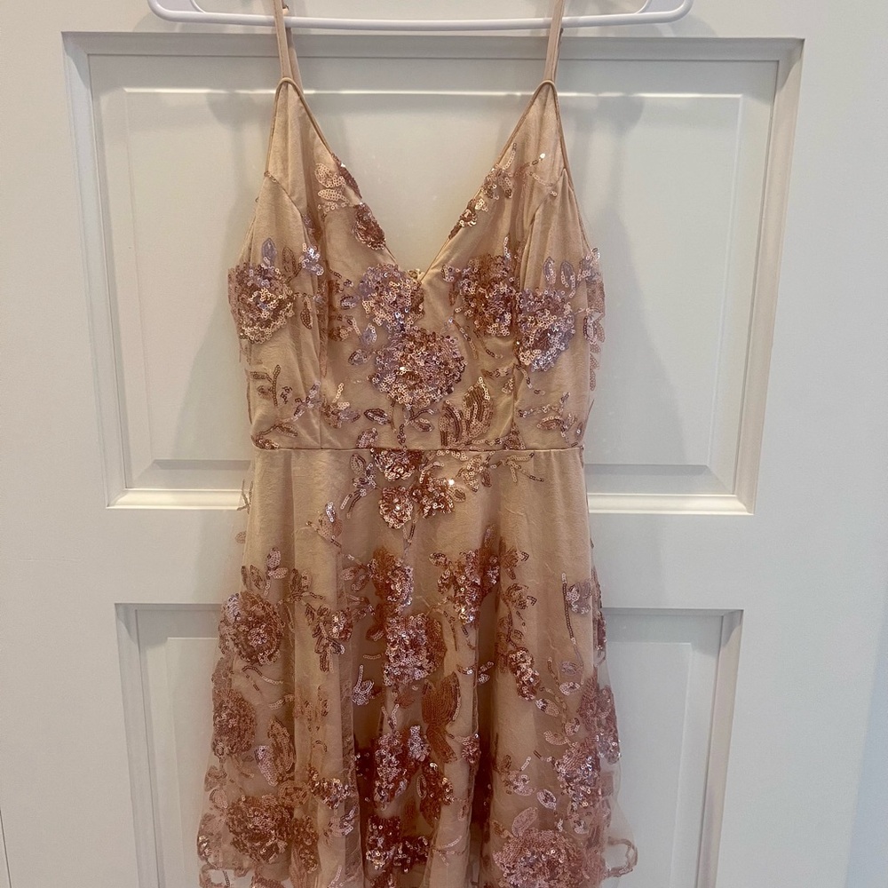 Lulu's Pink and Gold Sequin Homecoming Dress
